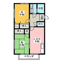 マリンハイツ・オレンジ　A棟 2階2DKの間取り