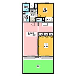 パルク山代 1階2LDKの間取り
