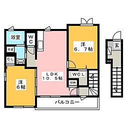 サン・ユウキ旭ヶ丘 2階2LDKの間取り