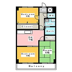 レビュー横山 4階3DKの間取り