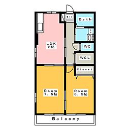 レトア亀山B 2DKの間取図画像