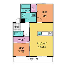 クラウン杉本B 2LDKの間取図画像