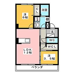 クラウン杉本B 2LDKの間取図画像