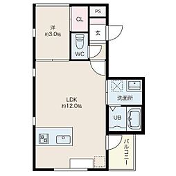 ベリアス　ウルス 2階1LDKの間取り