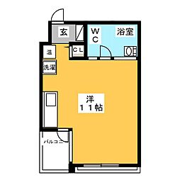 翔ひがしかわて 2階1Kの間取り