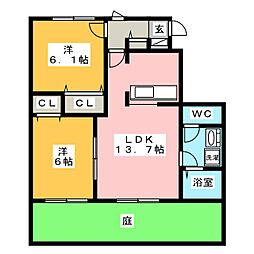 BelleGarden下西郷B 2LDKの間取図画像