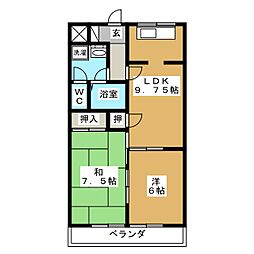 ハイリッジ牧野 2DKの間取図画像