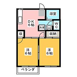 ジュネス92　Ａ棟 2階2DKの間取り