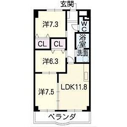 ロイヤル芝原北館 3階3LDKの間取り