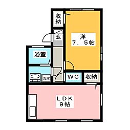 ウエストバンブーII　Ｂ棟 2階1LDKの間取り