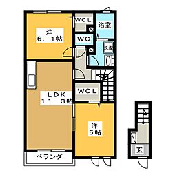 グランドゥスールI 2階2LDKの間取り