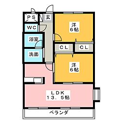 シャルマンドミール 1階2LDKの間取り