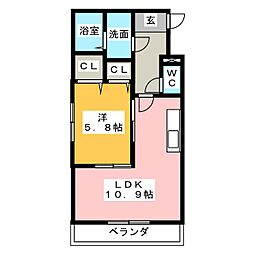カムズエイト 2階1LDKの間取り