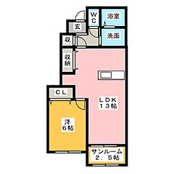 サニースクエアI 1階1LDKの間取り