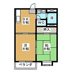 ロイヤルグリーン 2階2DKの間取り