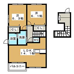 Ｐｉｘｙ　ｈｉｌｌｓ　Ｂ 2階2LDKの間取り