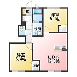 レガール北野B棟 2LDKの間取図画像