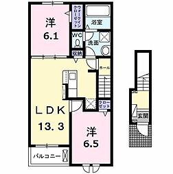 カーサ・アティラン　B 2階2LDKの間取り