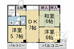 京都市営烏丸線 国際会館駅 徒歩14分の賃貸マンション 3階3DKの間取り