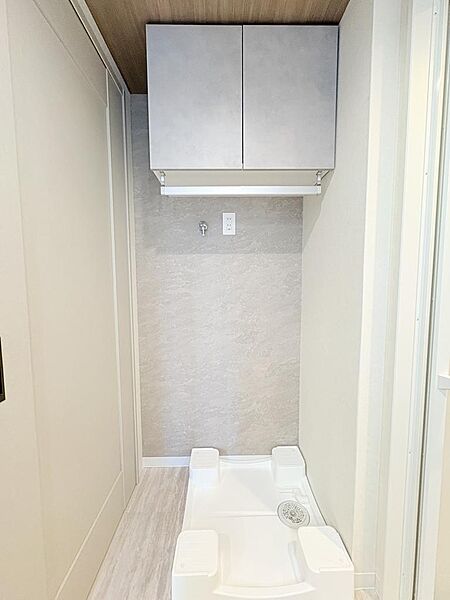 ●洗濯機置場の上部に収納有り、パイプハンガー付き