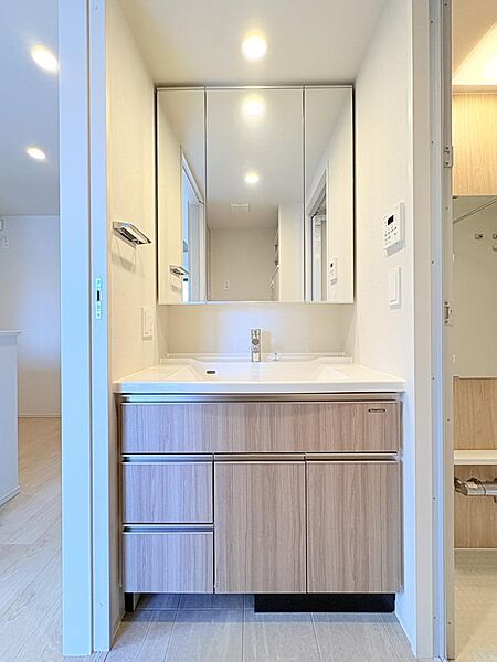 ●洗面化粧台：シャワー水栓付き・収納付きミラー仕様