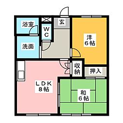 シャトーカワイ 1階2LDKの間取り