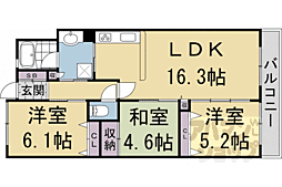 JR山陰本線 円町駅 徒歩5分の賃貸マンション 2階3LDKの間取り