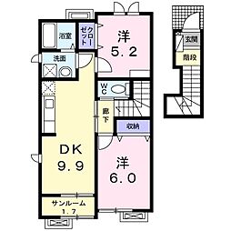 ラヴェール 2階2DKの間取り