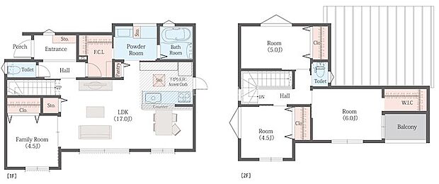 1階にファミリークローゼット、2階にもWICのある収納豊富な間取り