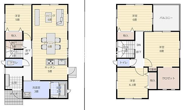 広い洗面室や大容量のWICのある間取です