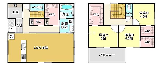 全居室フローリング、4つのWICがある収納力のある間取り