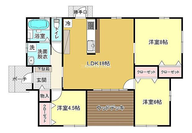 広々18帖のLDKとウッドデッキで開放感のある暮らしを。全居室収納付きでゆとりの空間。