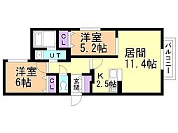 JR函館本線 白石駅 徒歩17分の賃貸マンション 4階2LDKの間取り