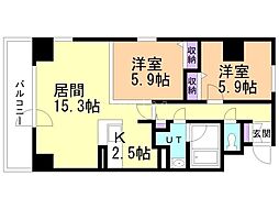 シティーコート北1条 2LDKの間取図画像