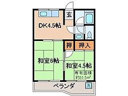 京都地下鉄東西線 椥辻駅 徒歩18分の賃貸マンション 3階2DKの間取り