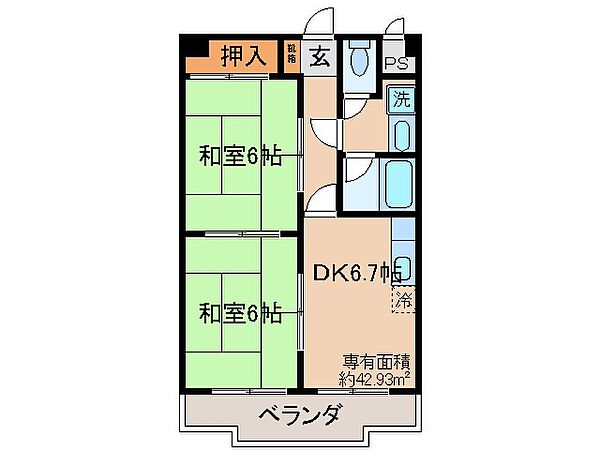 京都府城陽市平川古宮(賃貸マンション2DK・2階・42.93㎡)の写真 その3