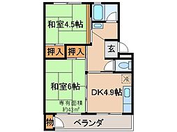 京都地下鉄東西線 石田駅 徒歩9分の賃貸マンション 5階2DKの間取り
