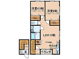 京都地下鉄東西線 石田駅 徒歩11分の賃貸アパート 2階2LDKの間取り