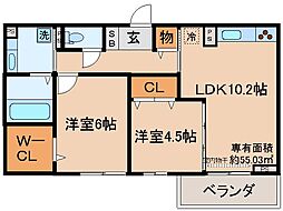 京都地下鉄東西線 石田駅 徒歩12分の賃貸アパート 3階2LDKの間取り