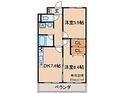 近鉄京都線 小倉駅 徒歩11分の賃貸マンション 3階2DKの間取り