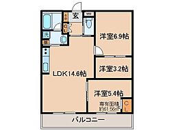 京都地下鉄東西線 椥辻駅 徒歩6分の賃貸マンション 2階3LDKの間取り