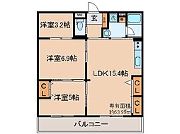 京都地下鉄東西線 椥辻駅 徒歩6分の賃貸マンション 3階3LDKの間取り