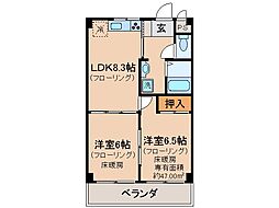 京都地下鉄東西線 椥辻駅 徒歩17分の賃貸マンション 3階2LDKの間取り