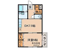 近鉄京都線 久津川駅 徒歩8分の賃貸マンション 2階1DKの間取り