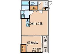 プラムコート椥辻 1LDKの間取図画像