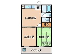 京都地下鉄東西線 石田駅 徒歩17分の賃貸マンション 2階2LDKの間取り