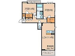 近鉄京都線 久津川駅 徒歩4分の賃貸マンション 2階2LDKの間取り
