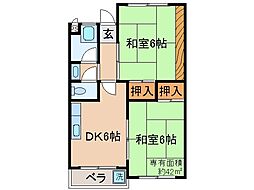 京都地下鉄東西線 御陵駅 徒歩16分の賃貸マンション 1階2DKの間取り