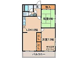 京阪宇治線 観月橋駅 徒歩8分の賃貸マンション 3階2LDKの間取り