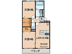 近鉄京都線 富野荘駅 徒歩4分の賃貸アパート 3階2LDKの間取り